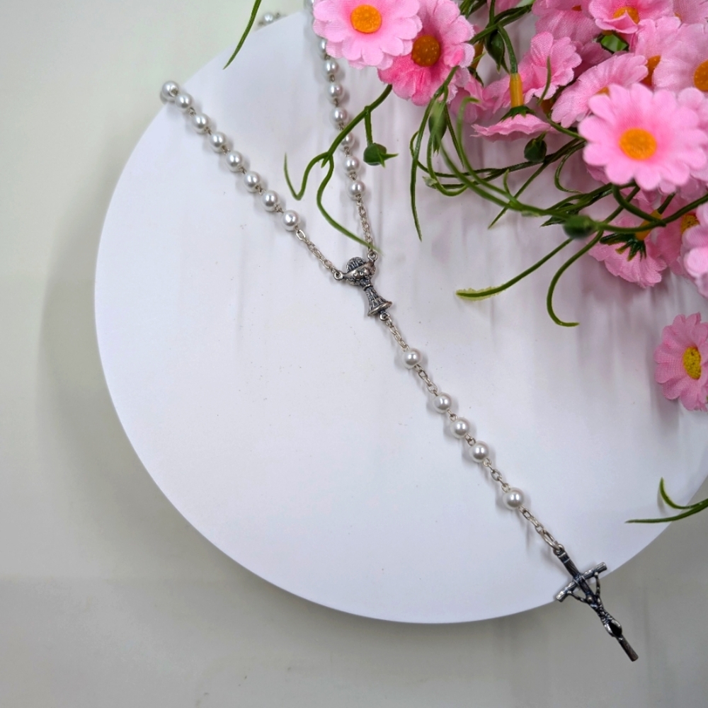 Glass Pearl Bead Vintage Rosary Necklace with Silver Plating
